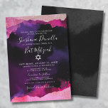 Roze waterverf Joods Bat Mitzvah Kaart<br><div class="desc">Deze elegante Bat Mitzvah-uitnodiging heeft een zwarte achtergrond met namaak roze en paarse aquarel- of alcoholinktlijstwerk aan de boven- en onderkant. Een mix van tinten roze, van lichtroze tot heetroze. Het ontwerp toont een mix van scripttypografie en klassieke schreefletters, waardoor het een eenvoudig maar toch verfijnd uiterlijk krijgt. In het...</div>