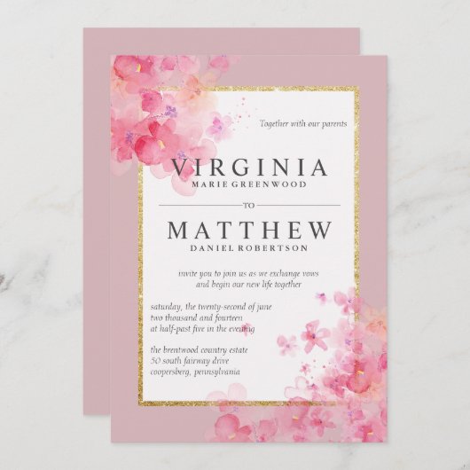 Roze Waterverf Kersenbloesem bruiloft Kaart (Voorkant / Achterkant)