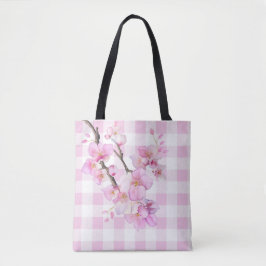 Roze waterverf kersenbloesems plaid gingham tote bag