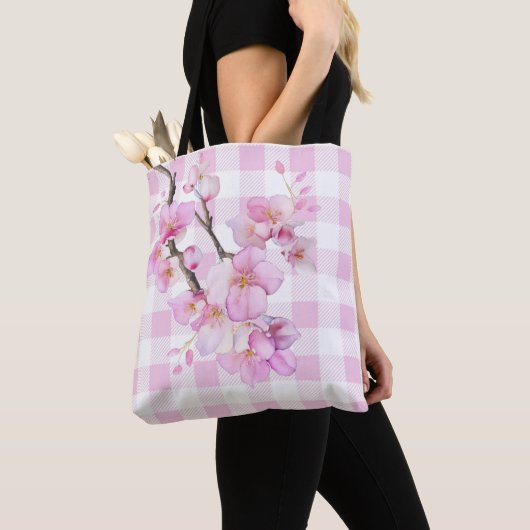 Roze waterverf kersenbloesems plaid gingham tote bag (Dichtbij)
