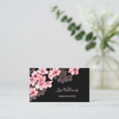 Roze Waterverf Kersenbloesems Zwart Visitekaartje (Staand voorkant)