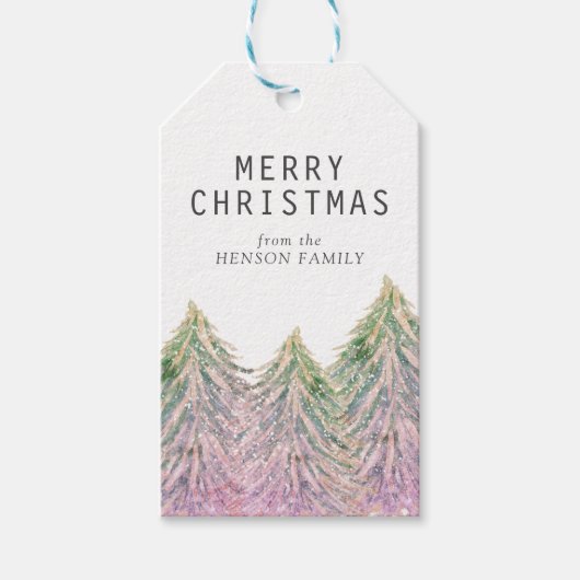 Roze Waterverf kerstboom artistieke cadeautjes Lab Cadeaulabel (Voorkant)