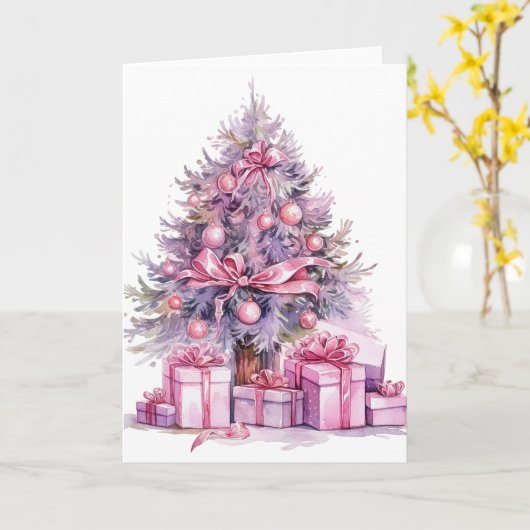  Roze Waterverf Kerstboom Kaart (Gele Bloem)