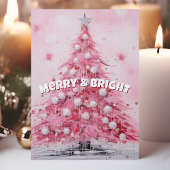 Roze Waterverf kerstboom vrolijk en helder Feestdagen Kaart