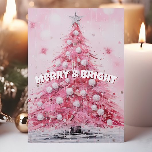 Roze Waterverf kerstboom vrolijk en helder Feestdagen Kaart