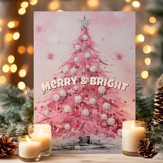 Roze Waterverf kerstboom vrolijk en helder Feestdagen Kaart