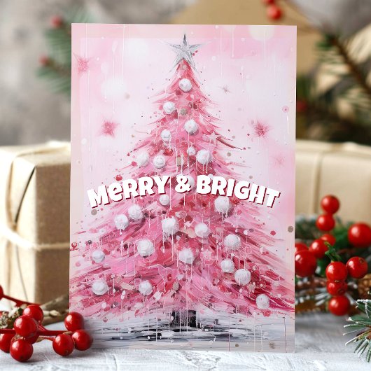 Roze Waterverf kerstboom vrolijk en helder Feestdagen Kaart