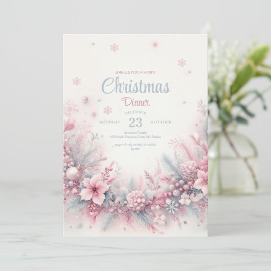 Roze Waterverf Kerstdiner Uitnodiging (Staand voorkant)