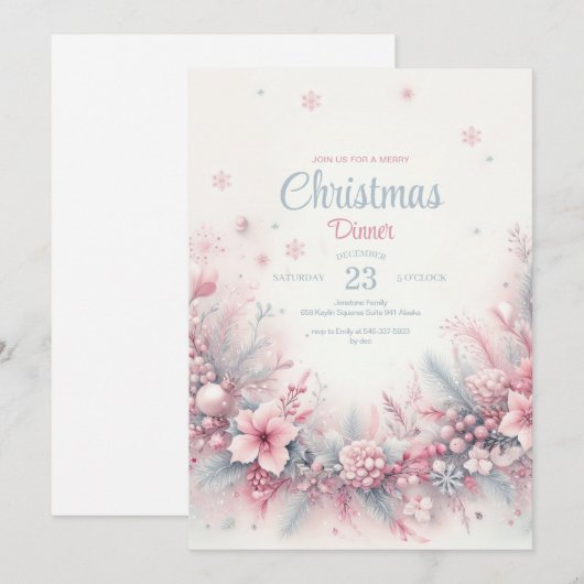 Roze Waterverf Kerstdiner Uitnodiging (Voorkant / Achterkant)