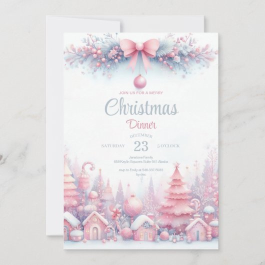 Roze Waterverf Kerstdiner Uitnodiging (Voorkant)