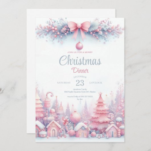 Roze Waterverf Kerstdiner Uitnodiging (Voorkant / Achterkant)