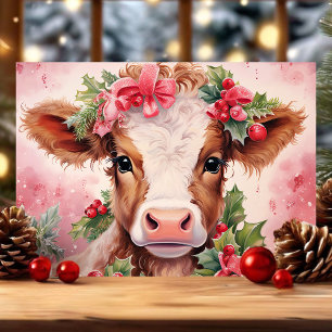 Roze Waterverf Kerstmis Baby Koe Feestdagen Kaart