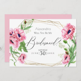 Roze Waterverf klaprozen zal je mijn bruidsmeisje  Kaart