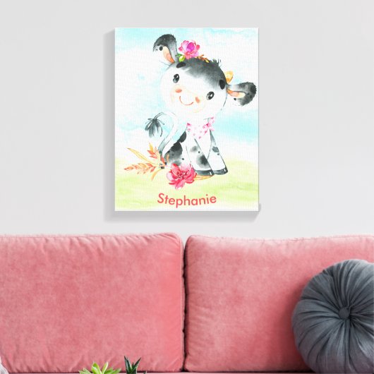 Roze Waterverf Kleine Koe Canvas Afdruk (Insitu (Woonkamer))