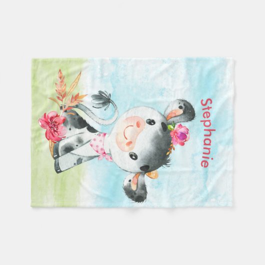 Roze Waterverf Kleine Koe Fleece Deken (Voorkant (Horizontaal))