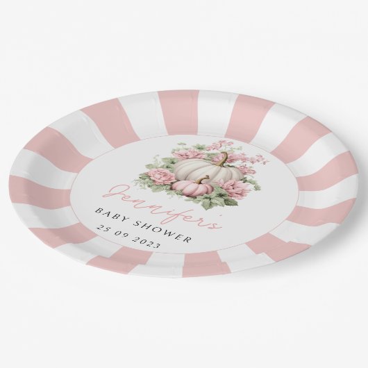 Roze waterverf kleine pompoen baby meisje douche papieren bordje (Gekanteld)