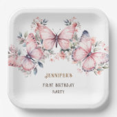 Roze Waterverf Kleine Vlinder Meisje 1e Verjaardag Papieren Bordje (Voorkant)