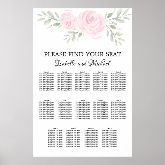 Roze Waterverf Kloof 14-Tabel Zitplaatje Poster (Voorkant)