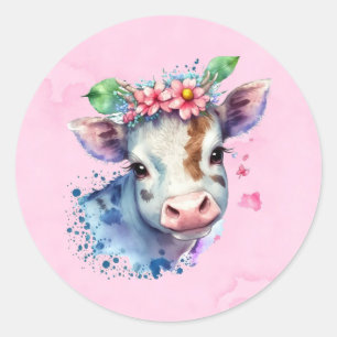 Roze Waterverf Koe Floral Girl Baby shower C Ronde Sticker