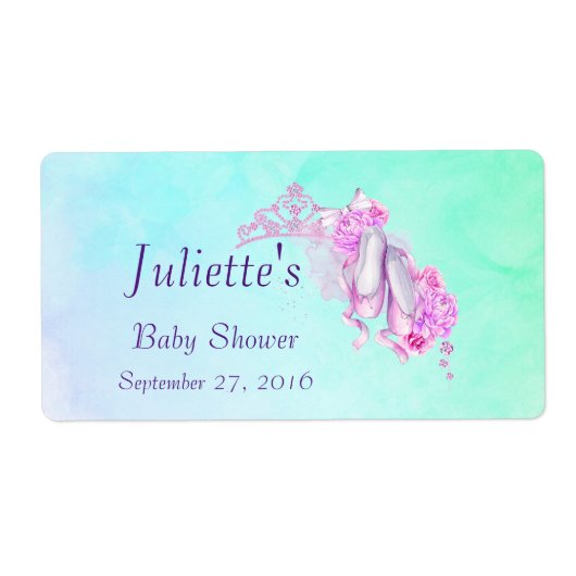 Roze Waterverf Kroon & balletschoenen Waterflesje Etiket (Voorkant)