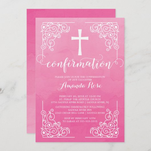 Roze Waterverf kruisbevestigingsuitnodiging Kaart (Voorkant / Achterkant)