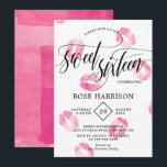 Roze Waterverf Kusjes Sweet Sixteen Kaart<br><div class="desc">Trendy zoete zestien uitnodiging met zoete zestien geschreven in een prachtig zwart wervelend script tegen een witte achtergrond besprenkeld met roze kus markeringen.</div>