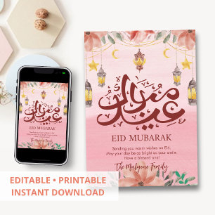 Roze waterverf lantaarns en sterren Eid Mubarak Feestdagenkaart