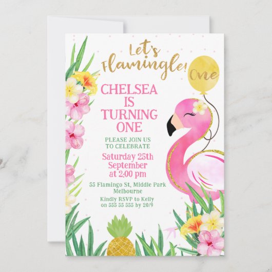 Roze waterverf Laten we Flamingle 1e verjaardag Kaart (Voorkant)