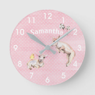 Roze Waterverf Leaping Lamb Nursery Room Ronde Klok