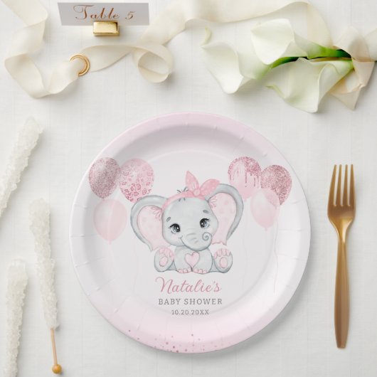Roze Waterverf Leuke Olifant Meisje Baby shower Papieren Bordje (Huwelijk)