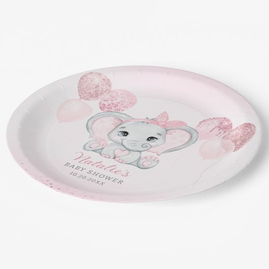 Roze Waterverf Leuke Olifant Meisje Baby shower Papieren Bordje (Gekanteld)