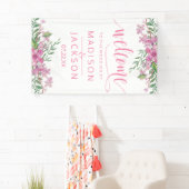 Roze Waterverf liefde bloesems bruiloft welkom Spandoek (Insitu)