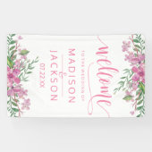 Roze Waterverf liefde bloesems bruiloft welkom Spandoek (Horizontaal)
