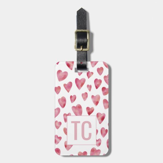 Roze Waterverf Liefdeshart Monogram Honeymoon Bagagelabel (Voorkant verticaal)