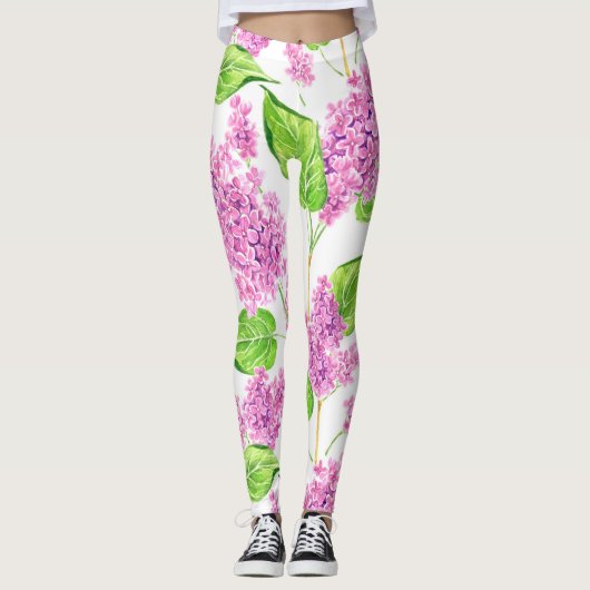 Roze waterverf lila bloemen leggings (Voorkant)