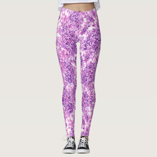 Roze waterverf lila bloemen leggings (Voorkant)