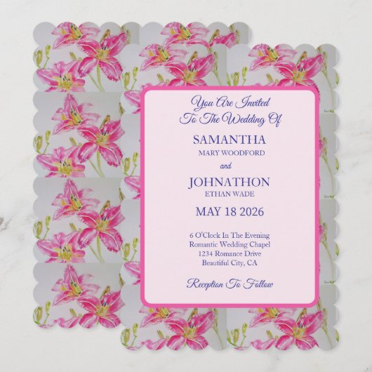 Roze Waterverf Lily Flower Wedding Invitation Kaart (Voorkant / Achterkant)