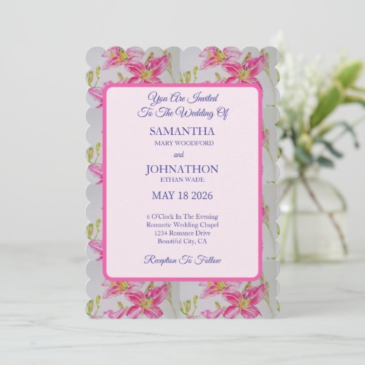 Roze Waterverf Lily Flower Wedding Invitation Kaart (Staand voorkant)