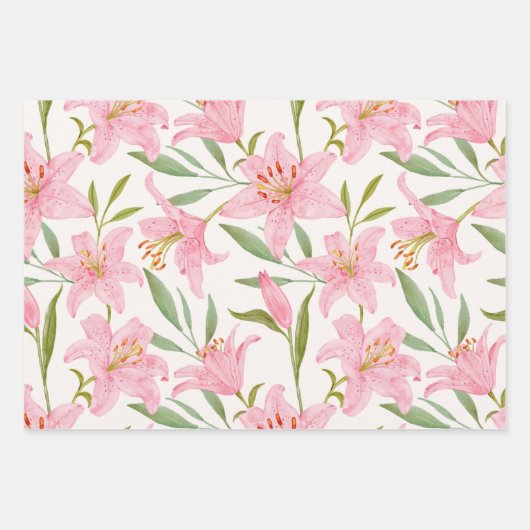 Roze Waterverf Lily Flowers Botanisch Inpakpapier Vel (Voorkant 3)