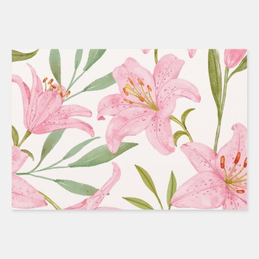 Roze Waterverf Lily Flowers Botanisch Inpakpapier Vel (Voorkant 2)