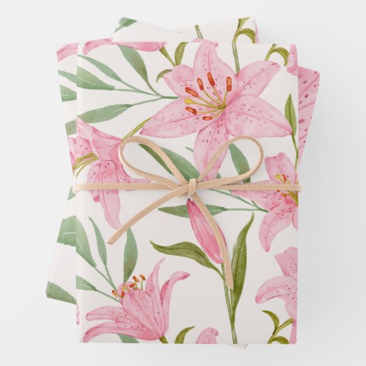 Roze Waterverf Lily Flowers Botanisch Inpakpapier Vel (In situ)