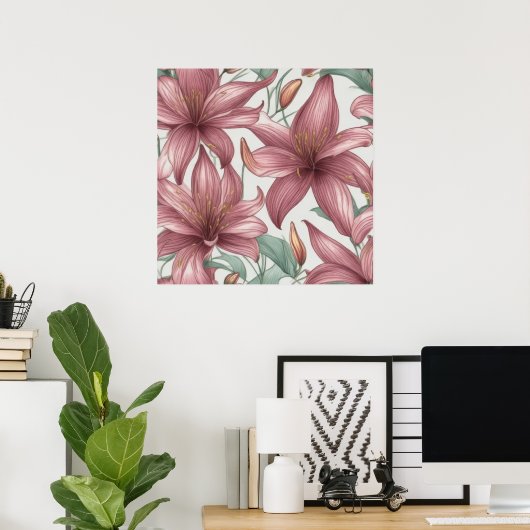 Roze Waterverf Lily Flowers Poster (Thuiskantoor)