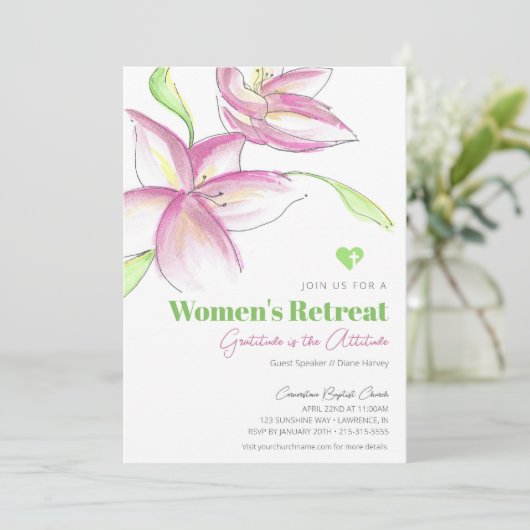 Roze Waterverf Lily Women's Church Retreat Kaart (Staand voorkant)