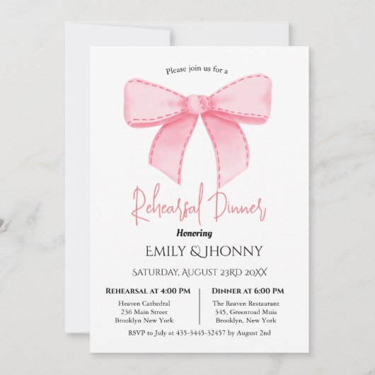 Roze Waterverf Lint Blush Repetitie Diner Kaart (Voorkant)