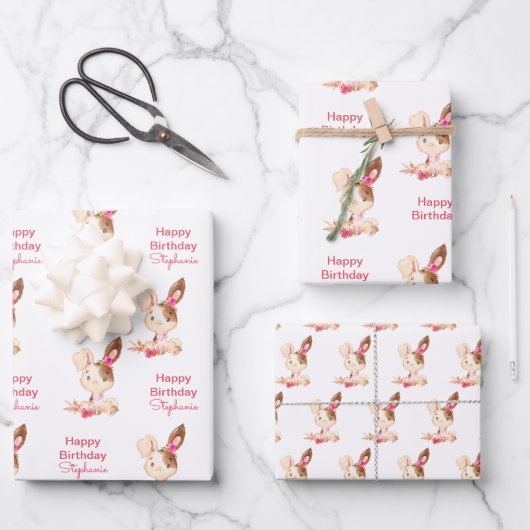 Roze Waterverf Little Bunny Inpakpapier Vel (Voorkant)