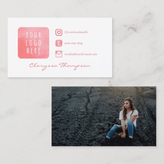 Roze Waterverf Logo & Foto sociale media Business Visitekaartje (Voorkant / Achterkant)