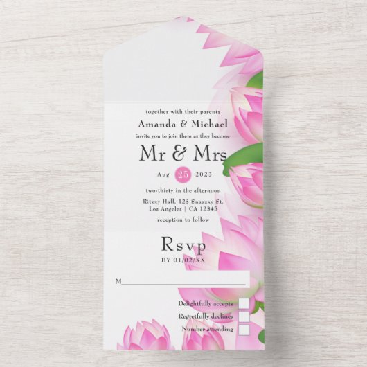 Roze Waterverf Lotus Bloem Indiase Bruiloft All In One Uitnodiging (Binnen)