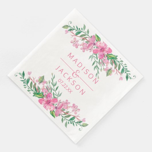Roze Waterverf Love Blossom Weddenschap Monogram Servetten (Hoek)