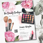 Roze Waterverf make-up artiest Flyer<br><div class="desc">Deze print barst van levendige tinten en grillige bloei en is een visueel feest perfect voor make-upartiesten, schoonheidsbloggers, influencers en iedereen die op zoek is naar een vleugje kleurrijke bloemenelegantie met een vleugje glam. Met felroze pioenrozen, make-uppalet, make-upborstels en lippenstift. U kunt alle tekst en de QR-code aanpassen - u...</div>