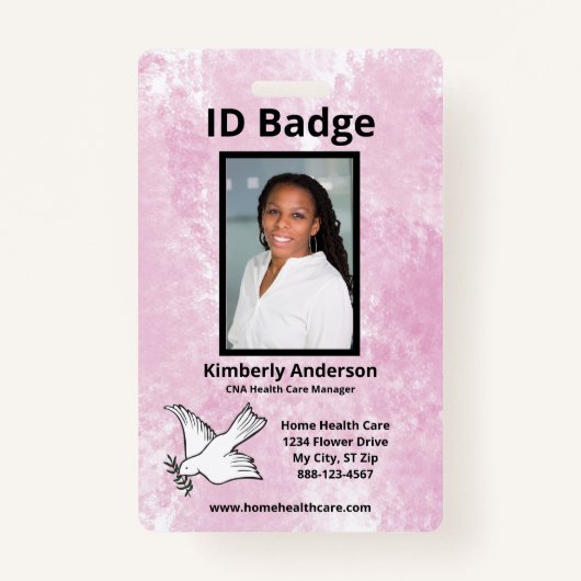 Roze Waterverf Medewerker Fotonaam Logo ID Badge (Voorkant)